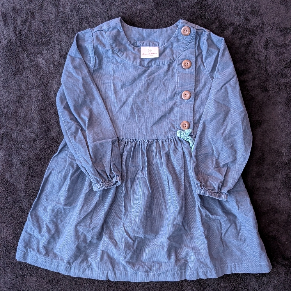 Hanna Andersson Girls Crochet Bow Corduroy Button Long Sleeve 100% Cotton Dress